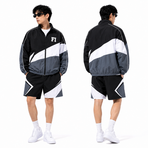 Chaqueta de poliéster vintage personalizada de alta calidad, resistente al viento, con tela tejida de estilo urbano, conjunto de chaqueta y pantalones cortos de béisbol para hombre. - Product Image 1