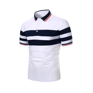Polo homme bleu marine à rayures, manches courtes, tricoté, décontracté, avec bordure blanche et rouge. - Product Image 4