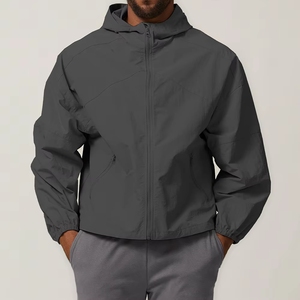Men's Hooded Windbreaker <b>Jacket</b> <b>Waterproof</b> Zipper Closure Casual Outdoor Wear Gray Polyester Shell Regular Fit Autumn Style - Product Image 2