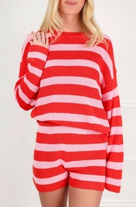 Ensemble 2 pièces tricoté rayé rouge et rose pour femme, col rond, manches longues, coupe ample, décontracté, printemps-été - Product Image 5