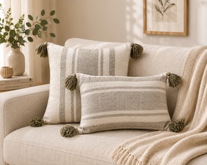 Funda de Cojín con Borlas Teñidas con Hilo 100% Lino |   Funda de Almohada Decorativa de Lujo con Rayas para Sofá, Cama y Decoración del Hogar - Product Image 5