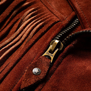 Blouson d'hiver slim fit en daim de vachette 100% pleine fleur, teint uni, écologique, style motard western avec franges en cuir - Product Image 3