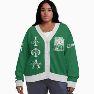 Cardigan tricoté personnalisé pour femmes Iota Phi Lambda, vert émeraude uni, avec lettres, blason, numéro et année, boutonné sur le devant - Product Image 1