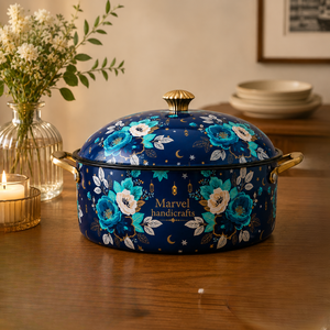 Marvel Handicrafts Floral Enamel Casserole with Lid Gold Knob Side Handles Premium Insulated Serving <b>Pot</b> for Kitchen Dining - Product Image 1