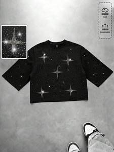 เสื้อยืดคอกลมผู้ชายสีดำลายดาวประดับเพชร Y2K ทรงโอเวอร์ไซส์ ผ้าคอตตอนหนานุ่ม สไตล์สตรีทแวร์ ฮิปฮอป ทรงหลวม ประกายวิบวับ - Product Image 5