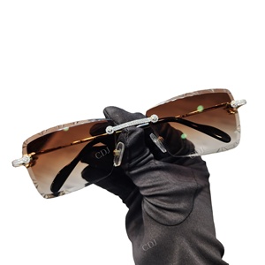 Customized Trendy Bold Shine Light Brown Lens Anti-Reflective Moissanite Diamond Set Rimless Rectangle Cut Premium <b>Sunglasses</b> - Product Image 1