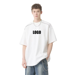 เสื้อยืดโอเวอร์ไซส์แขนสั้นคุณภาพสูงสำหรับผู้ชาย คอกลม สไตล์สตรีท ผ้าคอตตอนเจอร์ซีย์ แต่งขอบตัดสี พร้อมโลโก้พิมพ์ด้านหน้า - Product Image 1