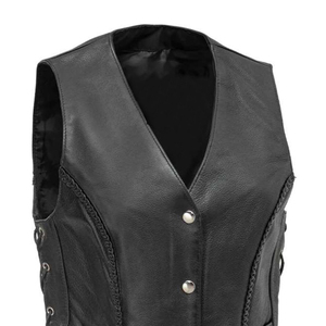 Chaleco de cuero para mujer, piel auténtica de vaca, bordado personalizado, chaleco de cuero para motociclista, ropa exterior de cuero para mujer en venta - Product Image 4
