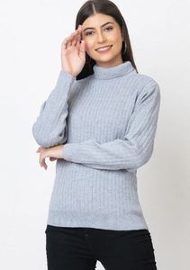 Pull col roulé épais gris clair pour femme, manches longues, tricot côtelé, décontracté, pour l'hiver, en acrylique, séchage rapide, anti-boulochage - Product Image 2
