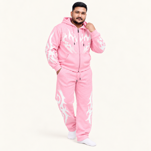 Custom Men's Flame <b>Graphic</b> Tracksuit Screen Printed <b>Zip</b> <b>Up</b> <b>Hoodie</b> Sweatpants Set Oversized Streetwear Private Label OEM - Product Image 2