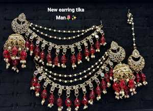 Bridal Ethnic Chandelier Drop Earrings Claw Setting Pearl Chain Matching Maang Tikka Alloy Gold Plated Vintage Traditional - Product Image 2