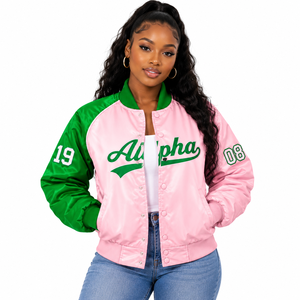 Alpha |   Kapa |   Veste universitaire en satin contrastant vert et rose pour femme Alpha Sorority, avec boutons-pression sur le devant, col et poignets en tricot côtelé, vêtement d'extérieur - Product Image 1