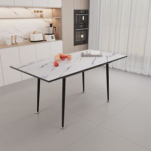 Modern Industrial <b>Kitchen</b> Dining <b>Table</b> 63\" MDF <b>Square</b> White Marble Pattern Stretchable Equipped with Tapered Features - Product Image 3