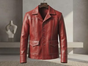 Blazer en cuir rouge unisexe avec surpiqûres contrastées, style rétro - Product Image 1