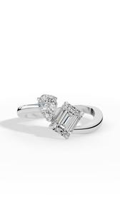 Exquisito Anillo Curvo Toi et Moi de Plata de Ley con Esmeralda y Diamantes Simulados de Corte Pera, Moderna Banda de Promesa Bypass - Product Image 3