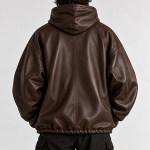 OEM/ODM Bulk Custom Dark Brown <b>Faux</b> <b>Leather</b> Hoodie Premium PU Raglan Sleeve Embroidery Pullover Oversized Hoodie for Men XL Size - Product Image 3
