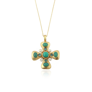 Collier pendentif croix audacieux plaqué or avec pierres précieuses, chrysocolle, accents de zircon cubique aqua et perle naturelle, bijoux en laiton. - Product Image 1