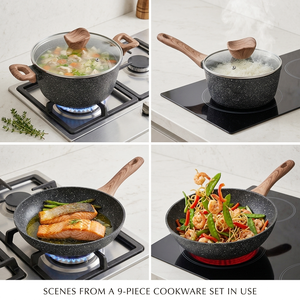 Juego de 9 Piezas de Utensilios de Cocina Antiadherentes con Revestimiento de Granito, Ollas y Sartenes de Aluminio Fundido a Presión, Cacerola, Sartén, Wok - Product Image 4