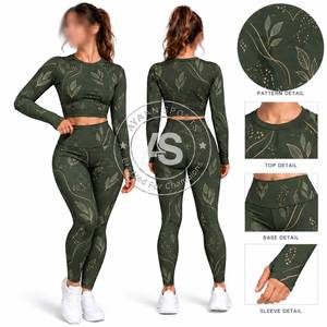Ensemble de yoga 2 pièces pour femmes, haut court à manches longues, leggings taille haute pleine longueur, ensemble de vêtements de sport - Product Image 2