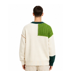 Men's Patchwork Knitted Pullover <b>Sweater</b> Full Sleeve Regular Fit Spliced Design Autumn Wear Green Brown Cream Color - Product Image 4