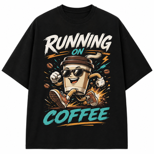 T-shirt noir pour homme à manches longues, col rond, coupe décontractée, imprimé par transfert thermique motif dessin animé Running Coffee, 100% coton jersey - Product Image 2