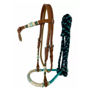 Cabezada de nudo Futurity de alta calidad con bosal de cuero crudo color verde azulado y riendas de mecate, equipo ecuestre de cuero para entrenamiento de caballos western - Product Image 2