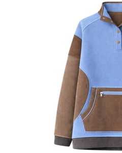 Sudadera de invierno oversize de forro polar para mujer, azul cielo y marrón, con cuello de botones a cuarto, bolsillo canguro, fabricante personalizado, top - Product Image 3