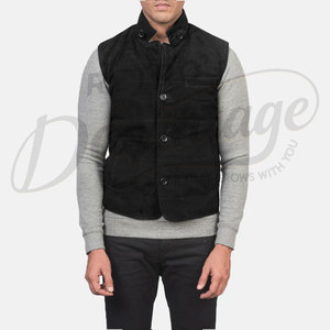 Chaleco acolchado de gamuza negra premium para hombre, con botones, cuello alto, sin mangas, corte ajustado, para invierno. - Product Image 2