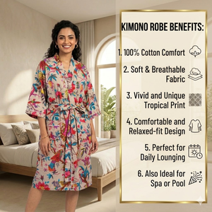 Kimono artisanal en coton à motif floral pêche |   Robe de chambre à manches longues et col en V pour femme |   Robe de chambre longue de haute qualité, un chef-d'œuvre - Product Image 6