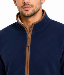 Premium <b>Men's</b> Solid Navy Blue Polar Fleece Full Zip Stand Collar Jacket Brown Contrast Trim Winter <b>Thermal</b> Soft Warm Casual Wear - Product Image 4