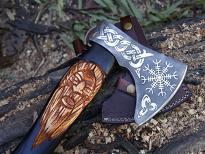 LEGACY BLADES Hacha industrial hecha a mano con espiga plana, hoja de acero de alto carbono, mango de madera grabado, funda de cuero, para exteriores - Product Image 3