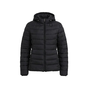 Hooded Quilted Jacket Women Black Full Sleeve Winter Polyester Filling Zipper Closure Regular Length Solid Color - Product Image 1