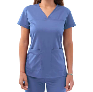 Women's Green V-Neck <b>Scrub</b> <b>Top</b> With Pockets Hospital Uniform Stretch Cotton Polyester Blend Woven Fabric - Product Image 6