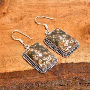 Boucles d'oreilles pendantes en jaspe océanique, motif orbiculaire vert et blanc, style bohème, en argent sterling 925, bijoux faits à la main, cadeau pour femmes - Product Image 2