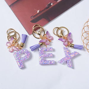 Cross-border 26 Alphabet <b>Initial</b> Letter Colorful Handcrafted Traditional Design Resin Keychain Tassel Butterfly Pendant Key <b>Ring</b> - Product Image 6