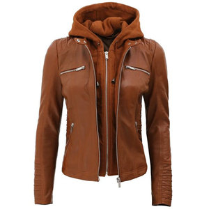 Premium Quality Women's Cognac Brown Real Lambskin Leather <b>Jacket</b> with Detachable Hood - Casual Slim Fit Moto - Product Image 6