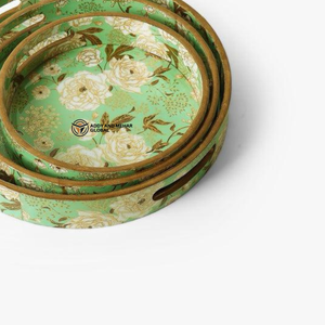 ชุดถาดเสิร์ฟตกแต่ง MDF 3 ชิ้น เคลือบเงาอย่างดี ลายพิมพ์ดอกไม้และนก ถาดไม้หรูหราสำหรับวางบนออตโตมัน - Product Image 4