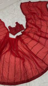 <b>Red</b> Beaded Faux Georgette <b>Saree</b> Sequins Dori Work Recycled Materials Floor-Length Party Wedding Wear Fancy <b>Saree</b> Collection - Product Image 6