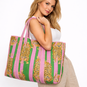 Custom Cotton Tote <b>Bag</b> Wholesale | Handmade Quilted Reversible Leopard Print Zipper Closure Embroidery <b>Beach</b> Ready Shoulder <b>Bag</b> - Product Image 6