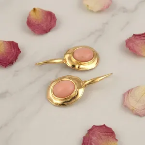 Natural Pink Opal Oval Cabochon Earrings Vintage Style 18k Gold Plated Dangle Earrings Pair Unique Latest Design Fancy Jewelry - Product Image 6