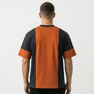 T-shirt d'été pour homme à panneaux ondulés, design minimaliste coupé-cousu, col ras du cou avec bord contrastant, fournisseur d'impression personnalisée OEM - Product Image 4