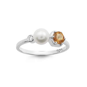 Bague minimaliste en argent sterling 925 pur à 100 % avec perle d'eau douce et pierre précieuse citrine sertie à griffes, bijoux fins pour femmes - Product Image 1