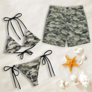 Dry Camo Print Beachwear Summer Mesh Swim Trunks for <b>Men</b> and Tie-Side <b>Bikini</b> for Women - Product Image 1