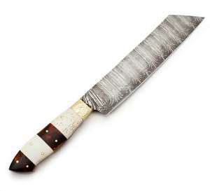 Couteau de cuisine artisanal en acier Damas à plumes, avec manche en bois segmenté et corne d'os, et bolster en laiton - Product Image 3