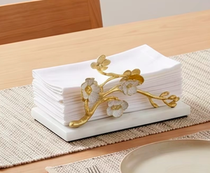 Porte-mouchoirs décoratif en métal doré et blanc, motif fleur de cerisier orientale, sur pied, pour cuisine et hôtellerie - Product Image 4