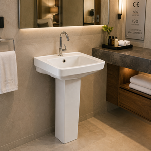 Lavabo sur pied rectangulaire monobloc avec robinet à levier monotrou, finition brillante, drain inclus - Product Image 2