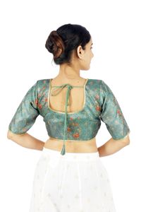 Blusa Corta Verde con Estampado Floral Banarasi, Cuello Cuadrado, Media Manga, Elástica, para Mujer - Product Image 2