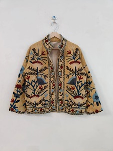 Abrigo Bohemio con Cuello Mandarín y Bordado Floral, Manga Larga, Ropa Exterior Informal para Otoño, Talla Grande para Adultos, Tejido de Algodón - Product Image 1