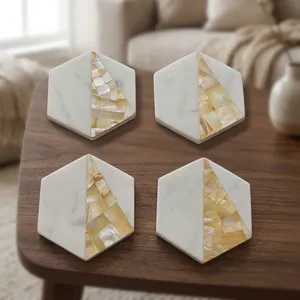 Ensemble de sous-verres hexagonaux en marbre blanc de qualité supérieure, design en carreaux de pierre naturelle, décoration élégante pour la maison, protection pour table basse et repas - Product Image 2