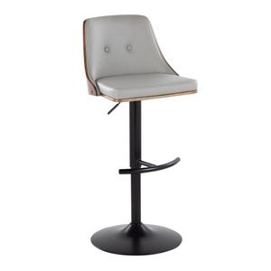 Sgabello da Bar Gianna Stile Mid-Century Moderno, Regolabile e Girevole, in Metallo Nero e Legno di Noce, Seduta Arrotondata in Ecopelle Grigio Chiaro - Product Image 2